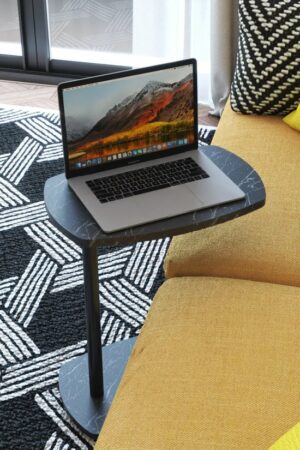 C Salontafel met Wielen - Banktafel - Bijzettafel - Salontafel - Serveertafel - Laptopstandaard op Wielen - Wiel C Tafel - Studiebureau - Notebook Computer Bureau - Ovale Bijzettafel - Omkeerbaar Gebruik - 45x30x60 cm - Zwart en Marmer - Afbeelding 13
