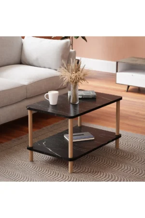 Rechthoekige Salontafel - Ovale Rand Bijzettafel - Salontafel met Houten Poten - Salontafel met Twee Niveaus - Salontafel met Krantenhouder - Zwart en Marmer - 44 x 70 cm - Afbeelding 6