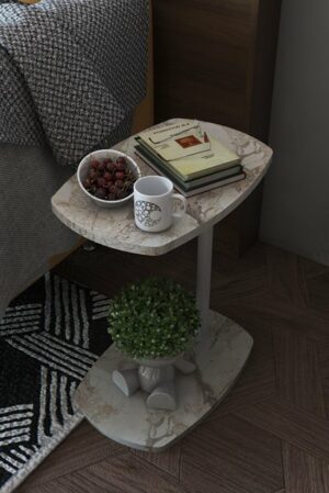 C Salontafel met Wielen - Banktafel - Bijzettafel - Salontafel - Serveertafel - Laptopstandaard op Wielen - Wiel C Tafel - Studiebureau - Notebook Computer Bureau - Ovale Bijzettafel - Omkeerbaar Gebruik - 45x30x60 cm - Wit en Marmer - Afbeelding 3