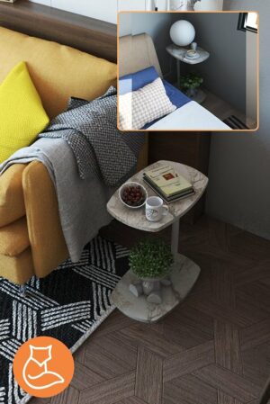 C Salontafel met Wielen - Banktafel - Bijzettafel - Salontafel - Serveertafel - Laptopstandaard op Wielen - Wiel C Tafel - Studiebureau - Notebook Computer Bureau - Ovale Bijzettafel - Omkeerbaar Gebruik - 45x30x60 cm - Wit en Marmer - Afbeelding 4