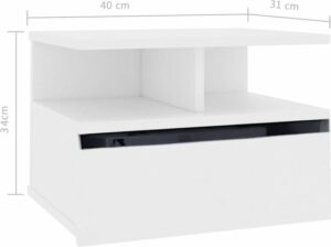 Nachtkastje Hangend - Zwevend Nachtkastje met deur - Nachttafel met deur - Open vak - Nachtkastje - Wandrek - Wandkast - Mdf Wit - 40 x 31 x 34 cm - Afbeelding 3