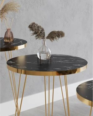 Bijzettafel, 3-delige set, Salontafelset, Goudlook, Ronde tafel, Moderne Salontafel, Woonkamer, Elegante Bijzettafel, Kleine Tafels, Gouden Meubels (zwart) - Afbeelding 4
