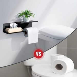 Toiletrolhouder met Dubbele Plank - Opbergruimte voor Vochtige Doekjes - 30 x 10 cm Toiletrolhouder - Zwart - Geschikt voor Boren en Zelfklevend - Voor Badkamer en Keuken - 2mm RVS Staal - Afbeelding 6